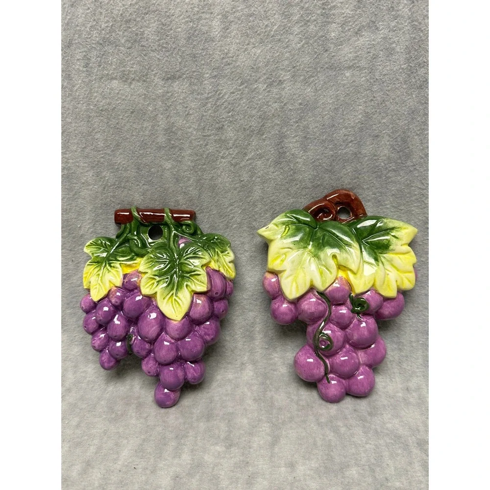 Vintage Ceramic 3D Grape Clusters Wall‎ Decor Set Purple Green Brown Kitchen Art